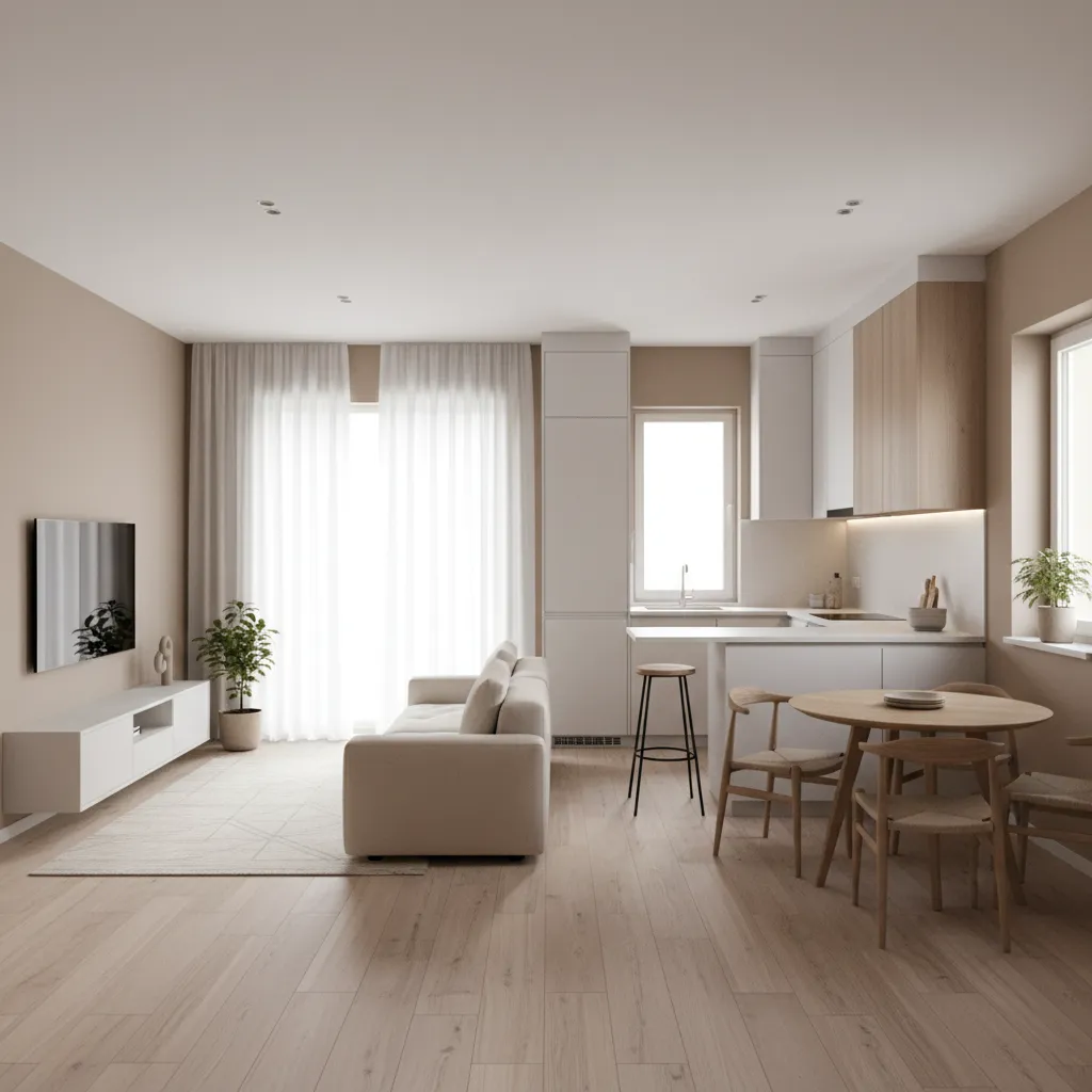 Không gian phòng khách và bếp liên thông trong nhà 60m2