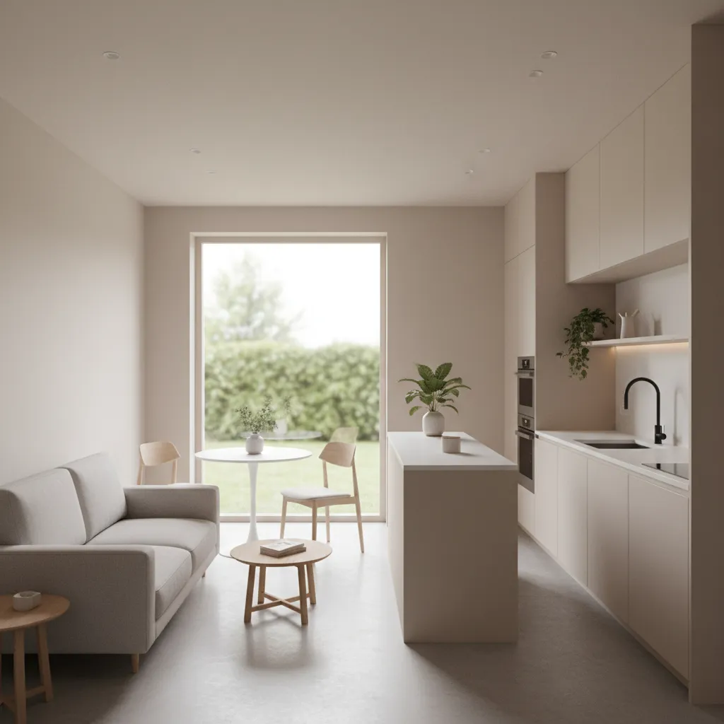 không gian phòng khách và bếp liên thông trong nhà 60m2