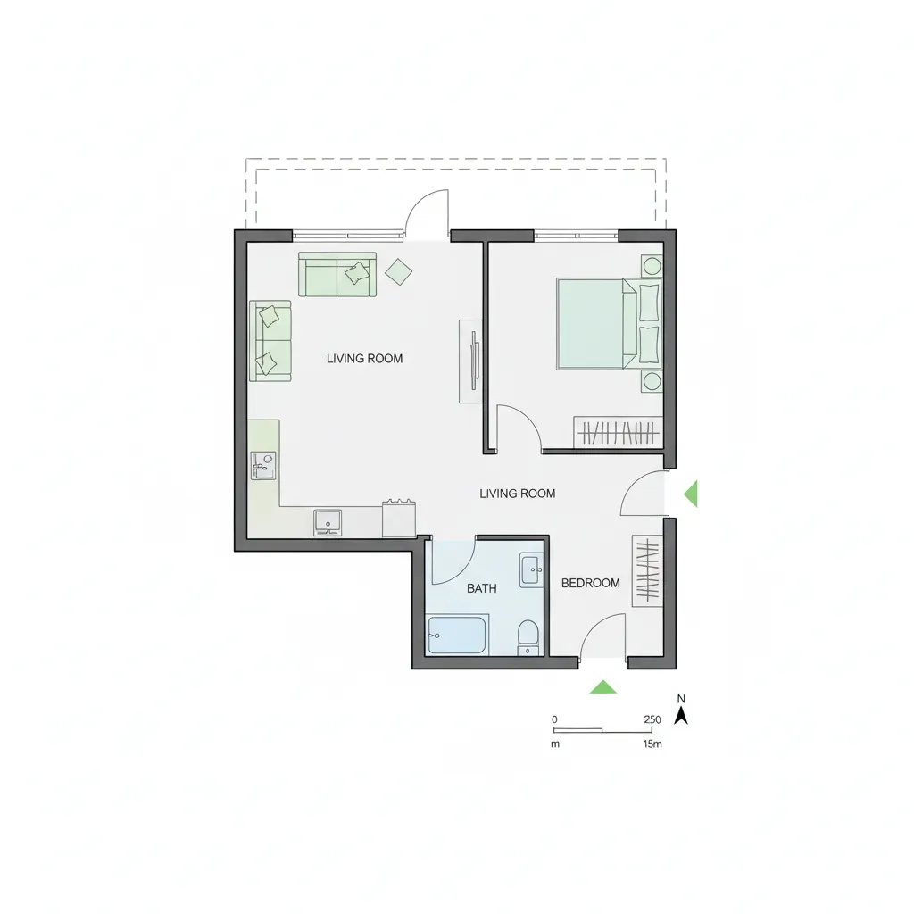 Mặt bằng bố trí nhà cấp 4 60m2 với 1 phòng ngủ