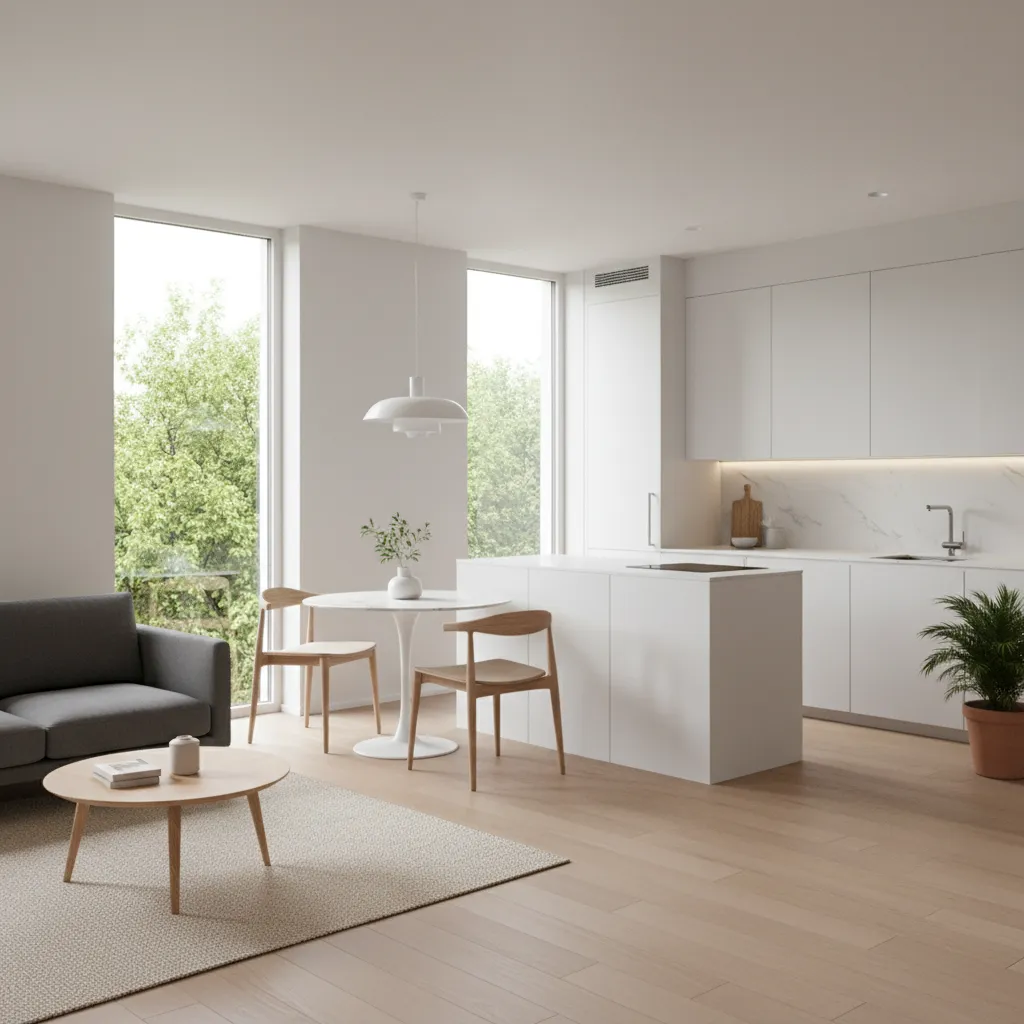 Không gian phòng khách và bếp liên thông trong nhà cấp 4 60m2