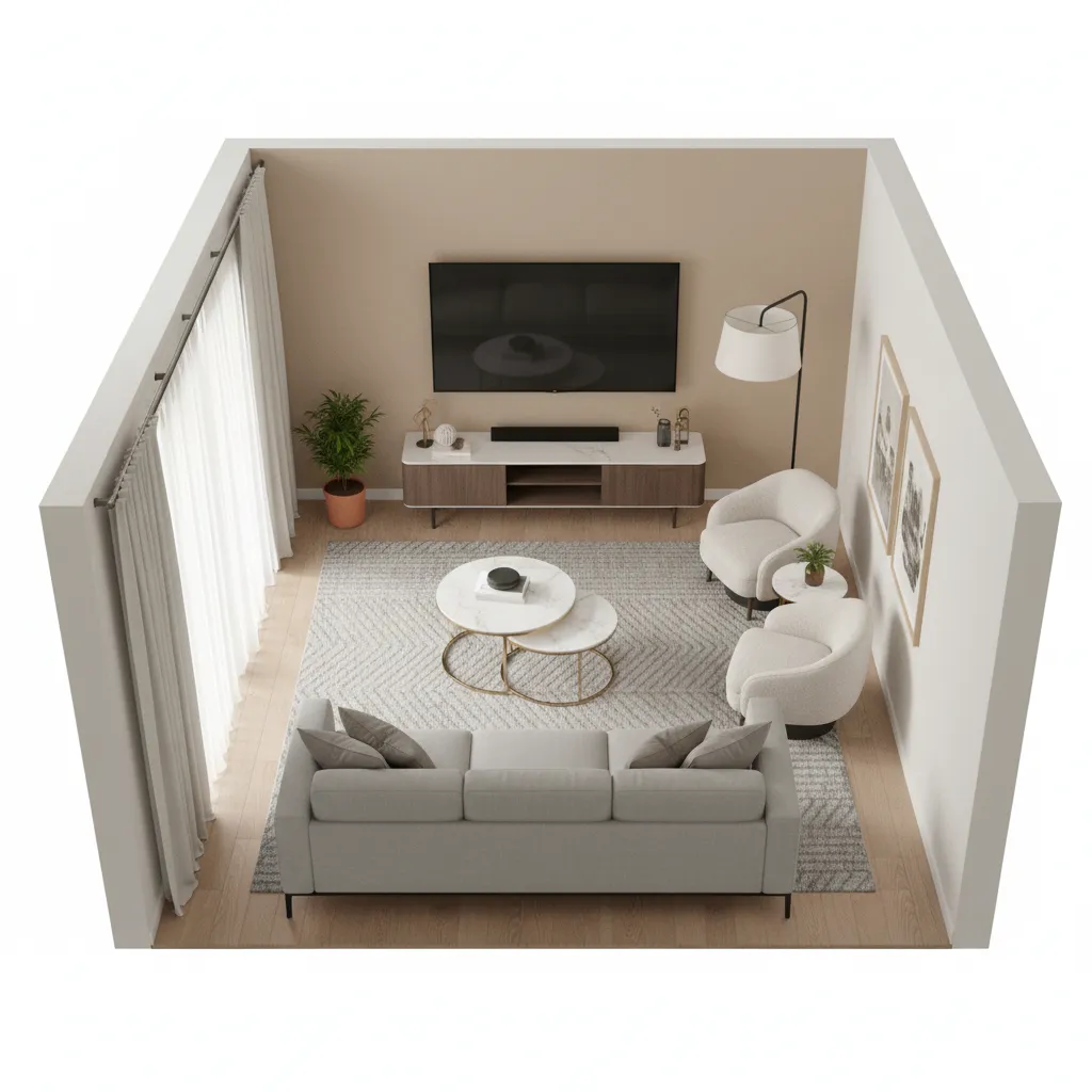 Small living room layout showing sofa distance from a 65 inch TV