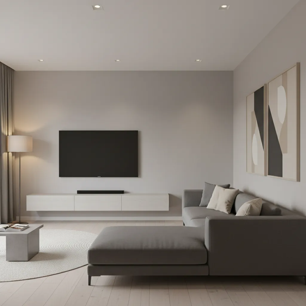 65 inch TV wall mounted in a compact modern living room