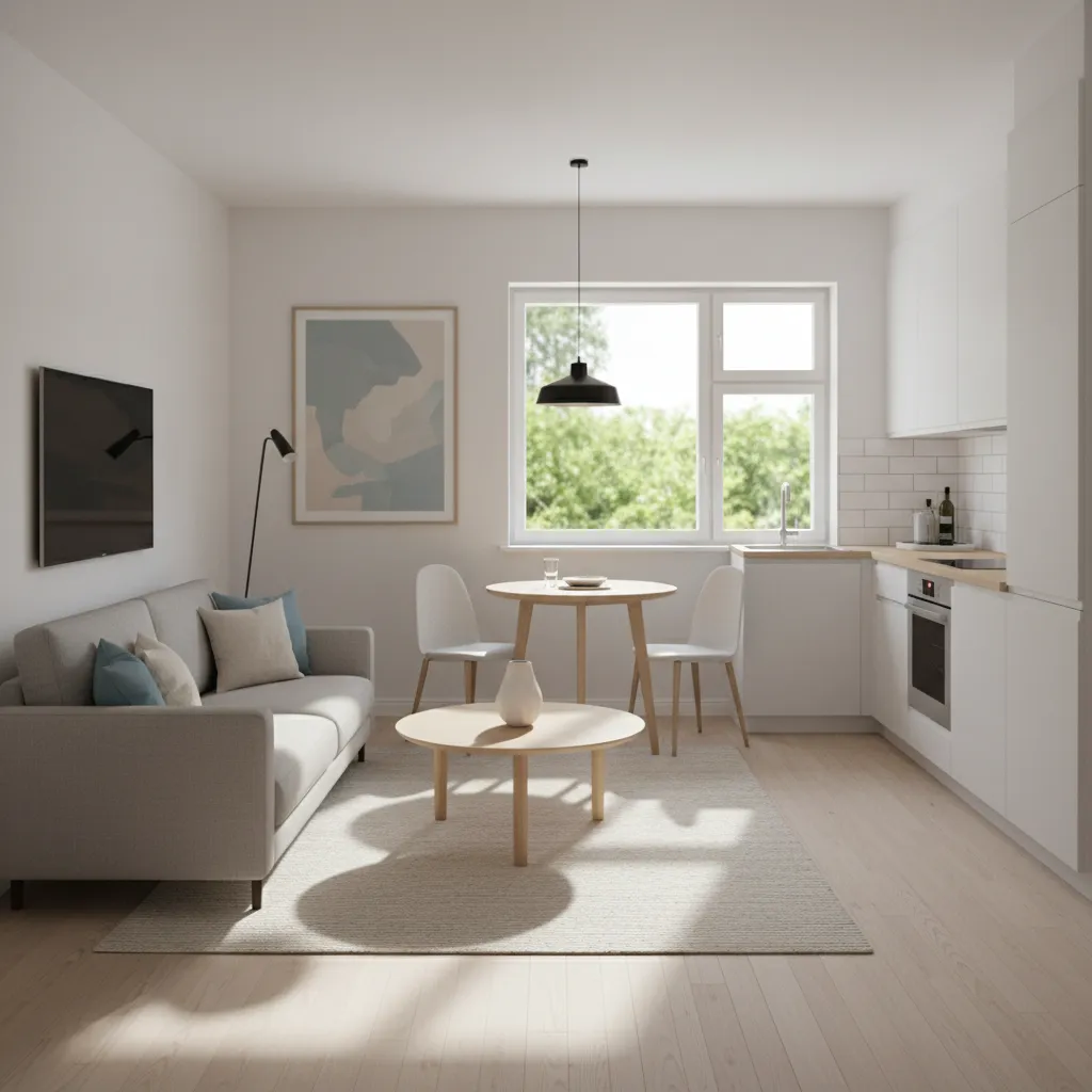 Open living area inside a 650 sq ft house with compact furniture and natural light