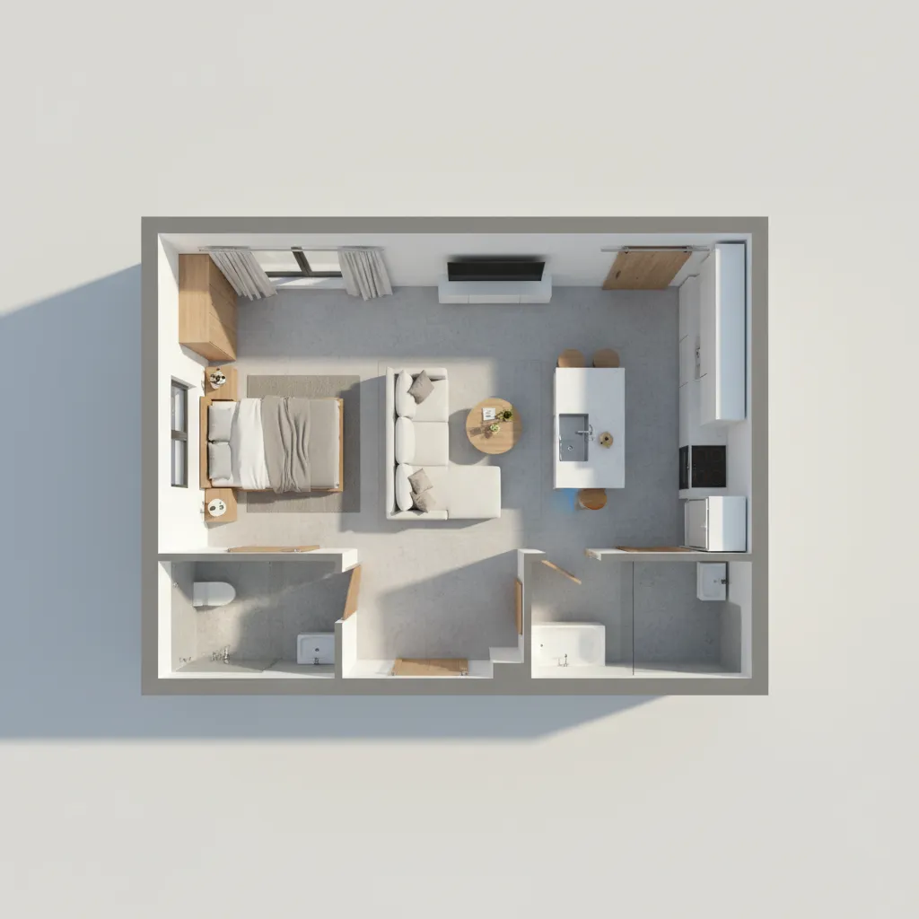 3D floor plan layout of a compact 650 square foot house
