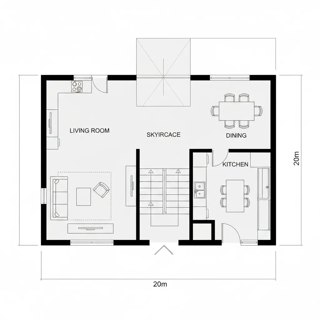 Detailed 2D floor plan showing a living room dining area kitchen and central staircase layout