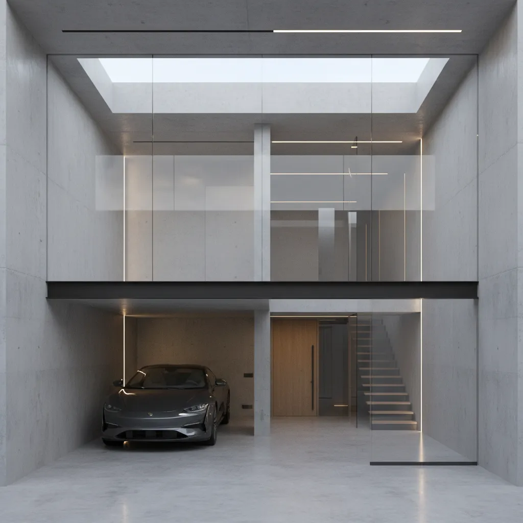 Modern concrete house interior design drawing showing a car glass walls stairs and roof window