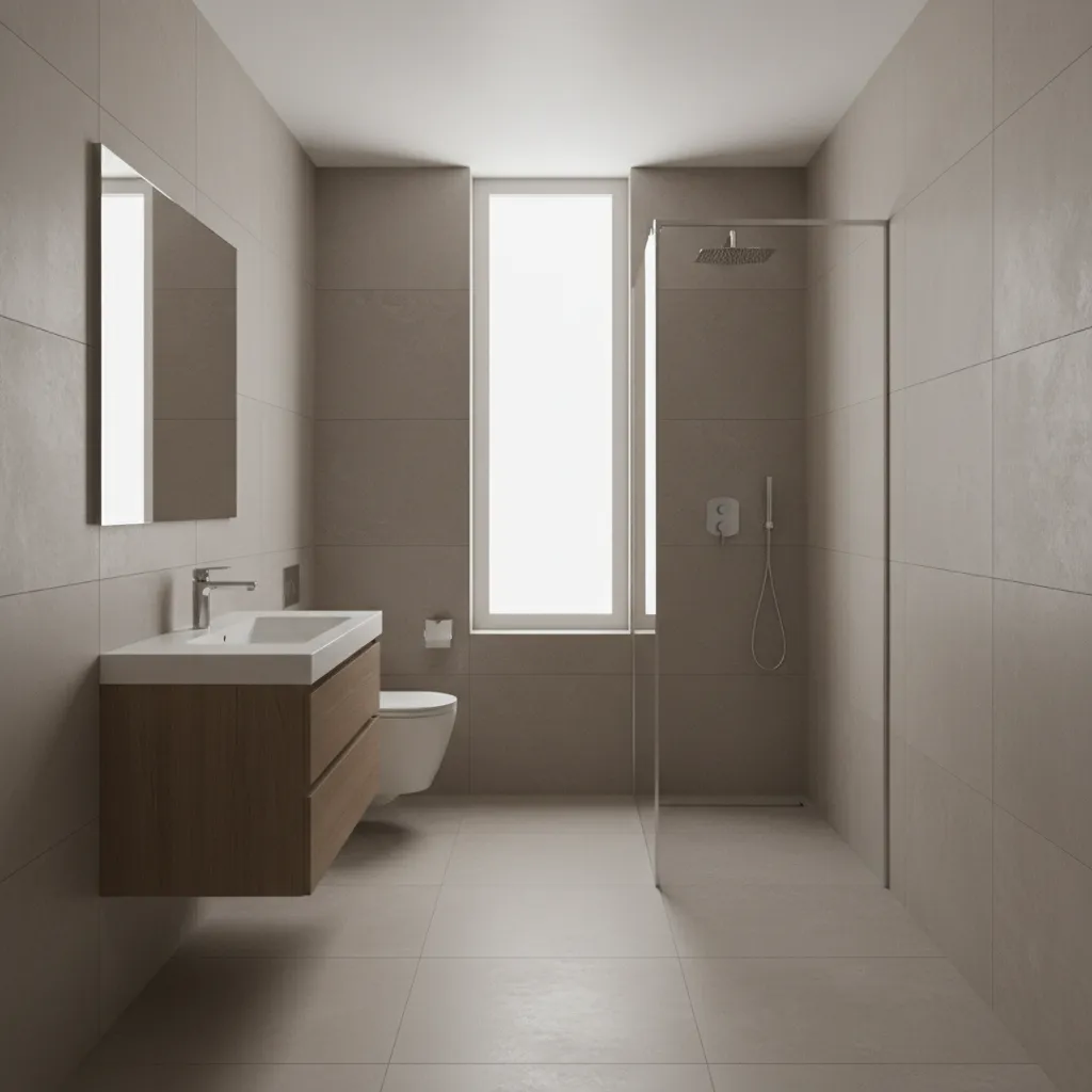 modern narrow 6 x 10 bathroom interior showing vanity toilet and shower arrangement