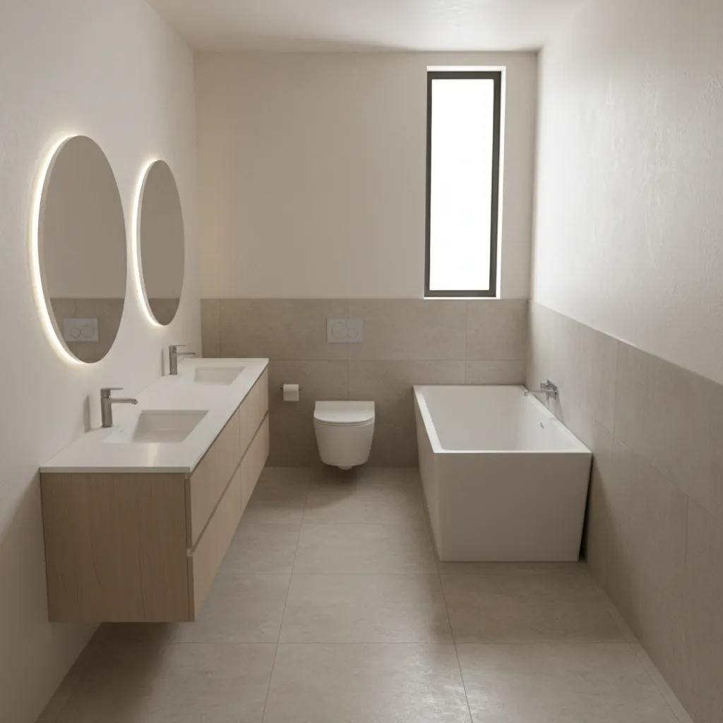 overview of a narrow 6 x 10 bathroom layout with tub vanity and toilet