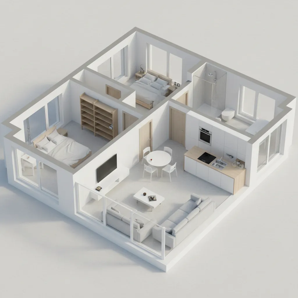 Mô hình 3D mặt bằng nhà 6x12m một tầng