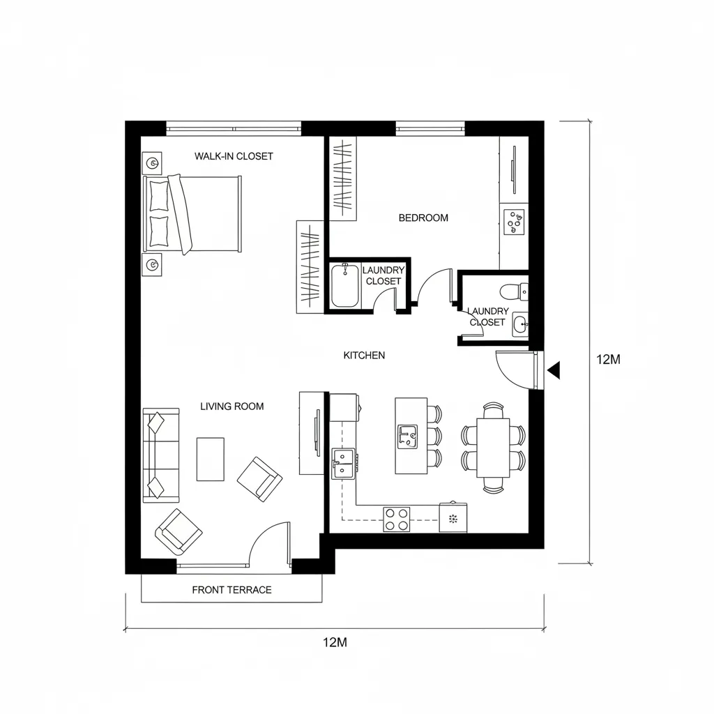 mặt bằng bố trí nhà 6m x 12m phòng khách bếp phòng ngủ