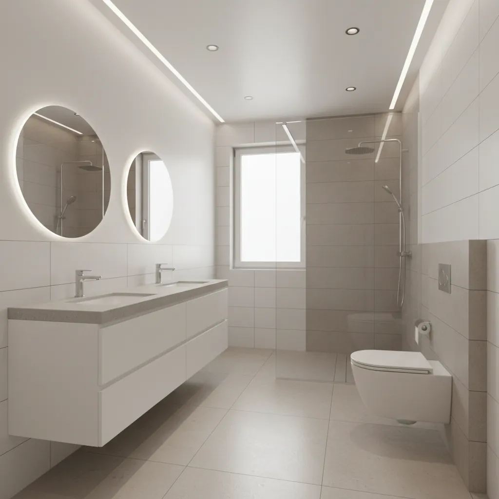 modern 6x12 bathroom with glass walk in shower layout