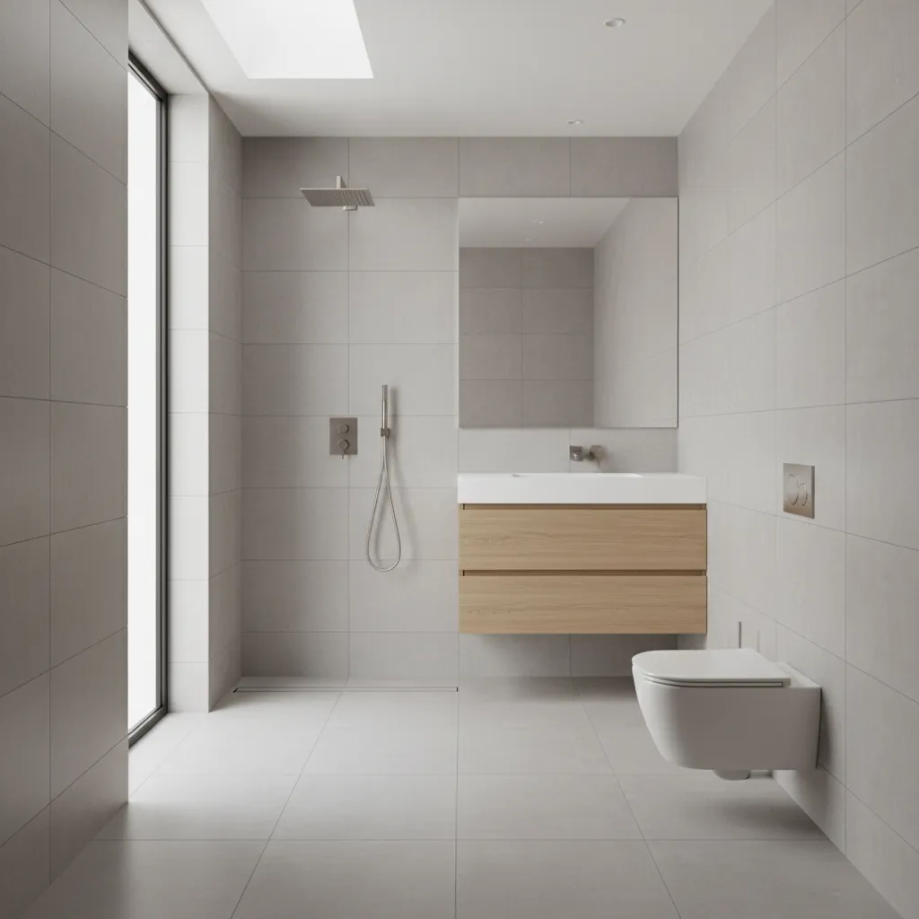 open wet room bathroom design in narrow 6x12 layout