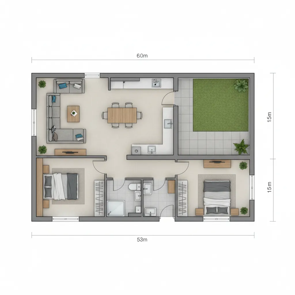 mặt bằng thiết kế nhà cấp 4 ngang 6m dài 15m