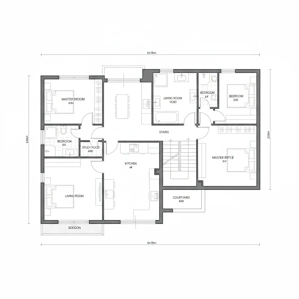 Sơ đồ bố trí mặt bằng nhà 2 tầng 6x18m