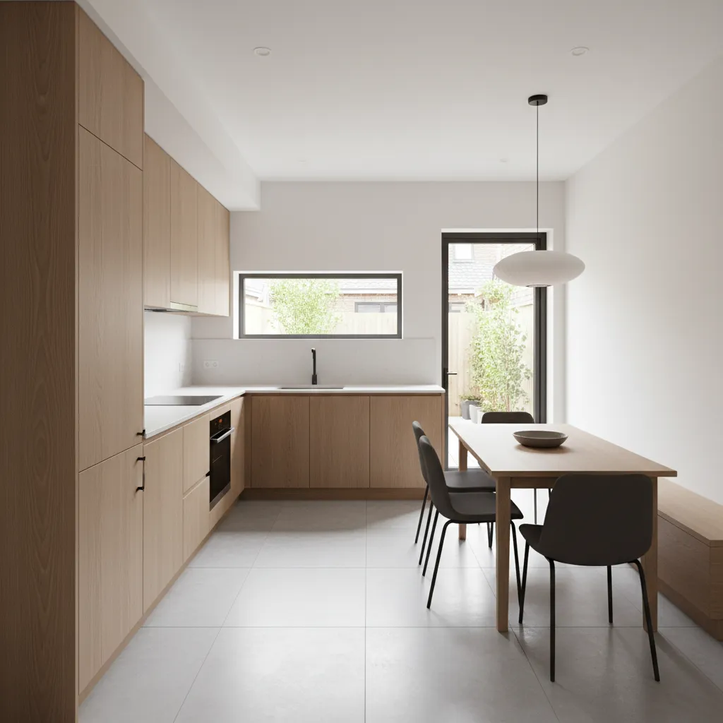 Khu bếp và bàn ăn trong nhà 2 tầng 6x18m