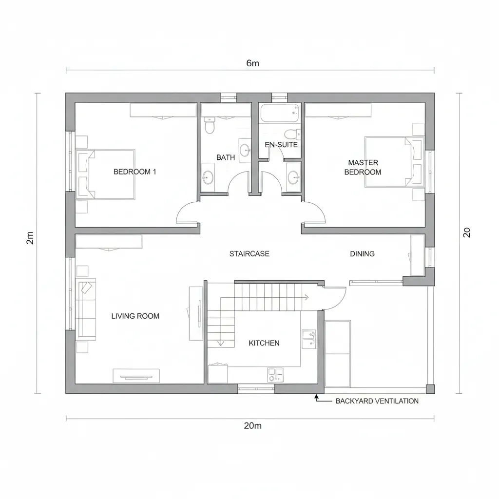 Mặt bằng tổng thể bản vẽ thiết kế nhà 2 tầng 6x20m