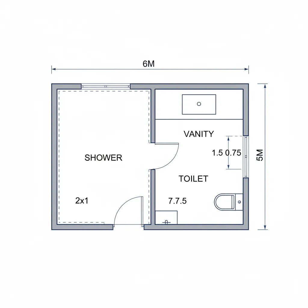 architectural floor plan of a 6x5 bathroom layout