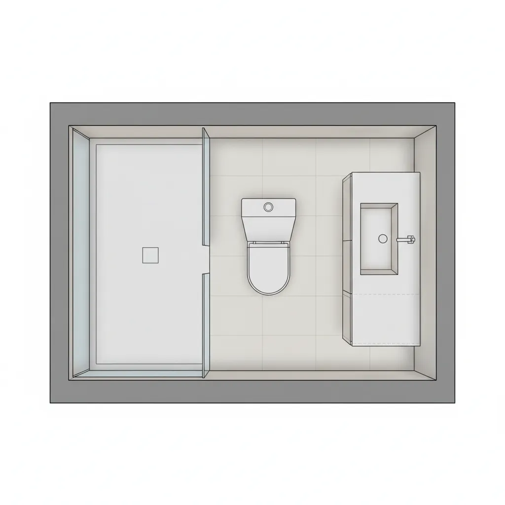 visual layout diagram of a 6 by 8 bathroom with vanity toilet and shower arrangement