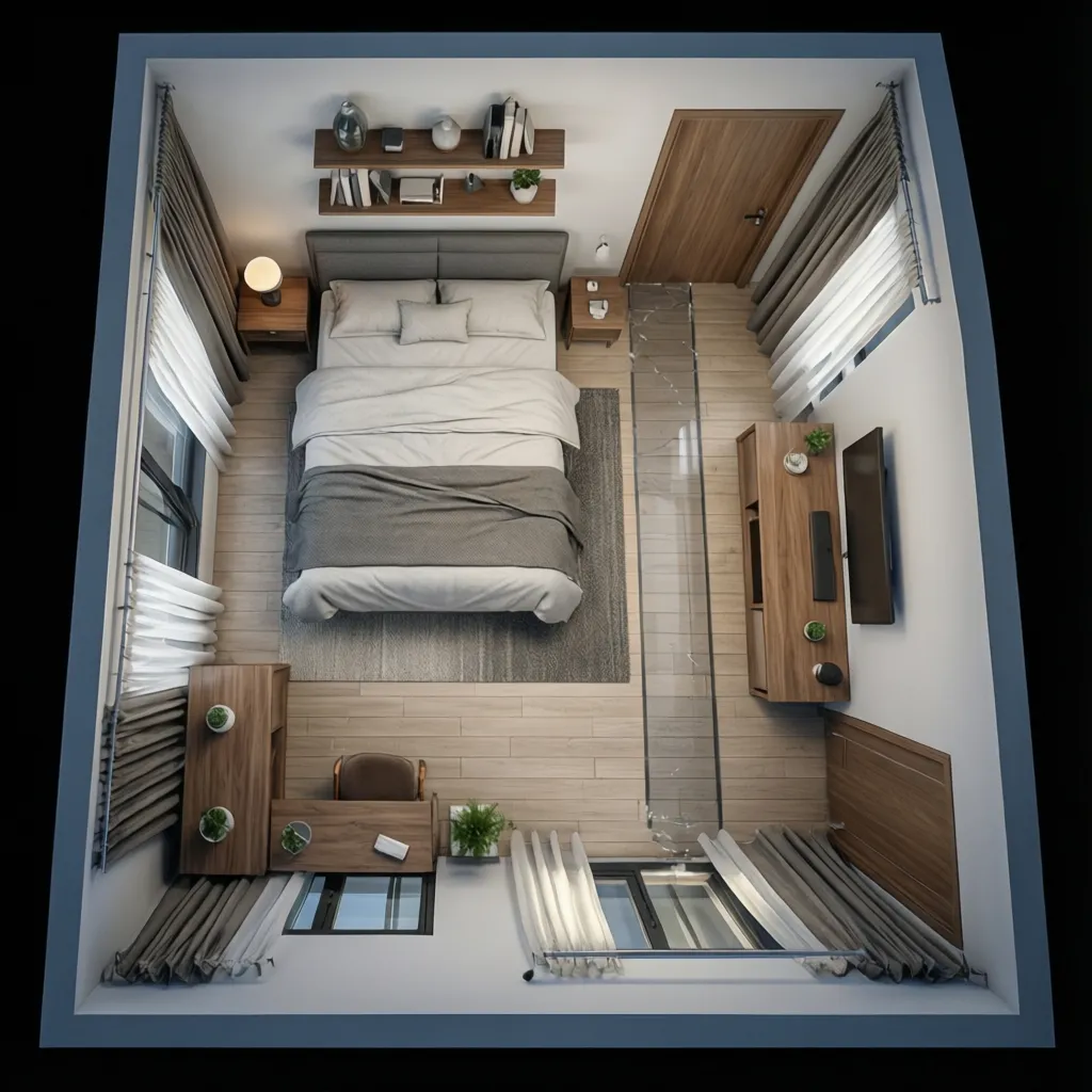 Top down layout of a 6x9 room with a twin bed along the wall and walking space