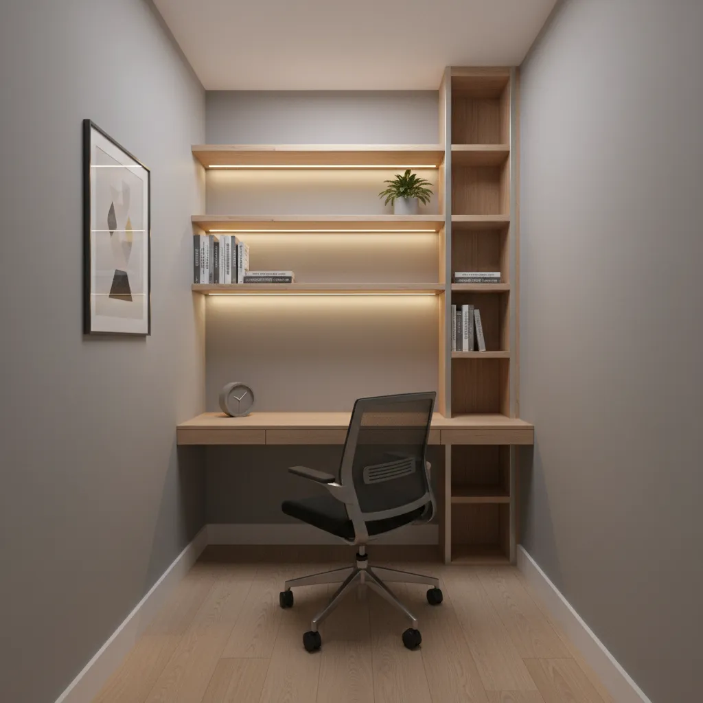 Small 6x9 room arranged as a compact home office with desk and shelves