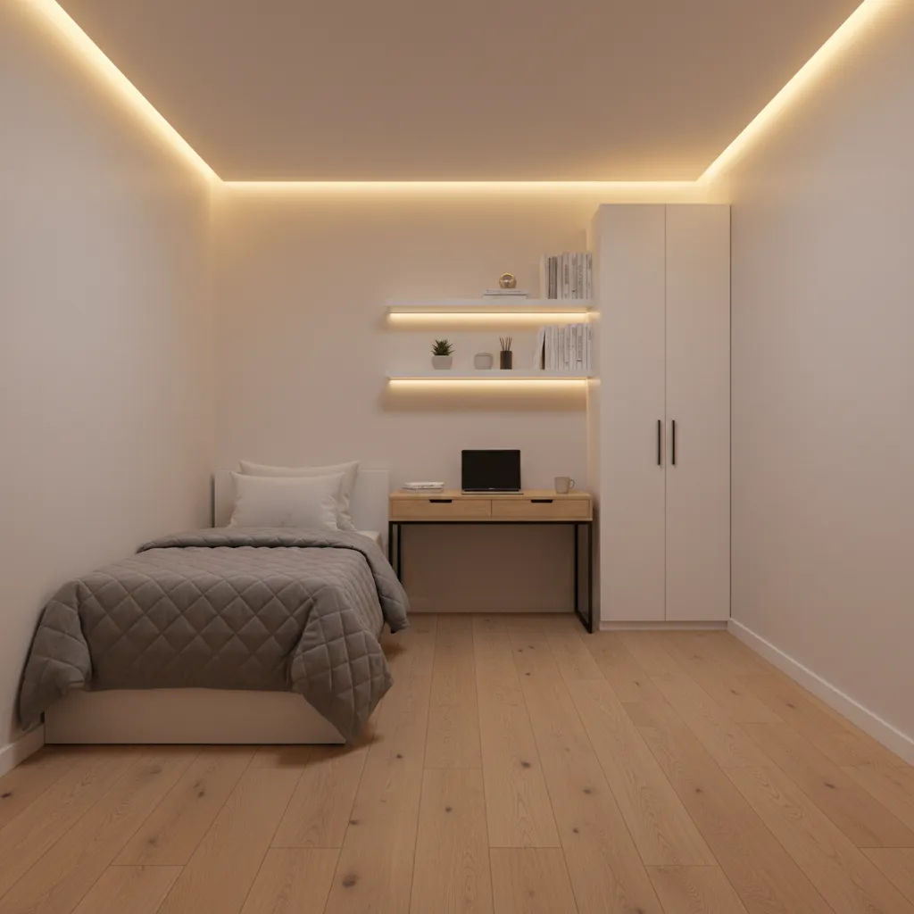 Hybrid layout showing twin bed and compact desk in a 6x9 windowless room