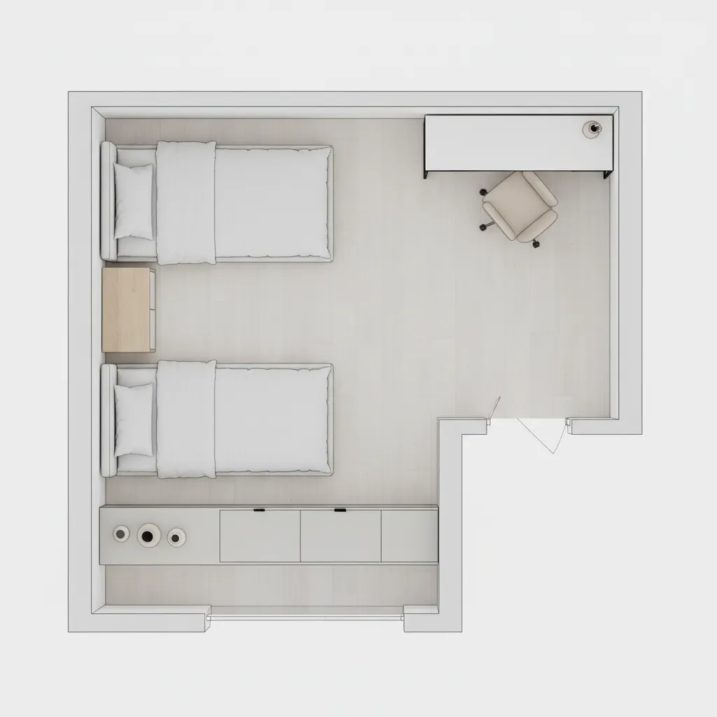 Top view layout plan of furniture arrangement in a 6x9 room