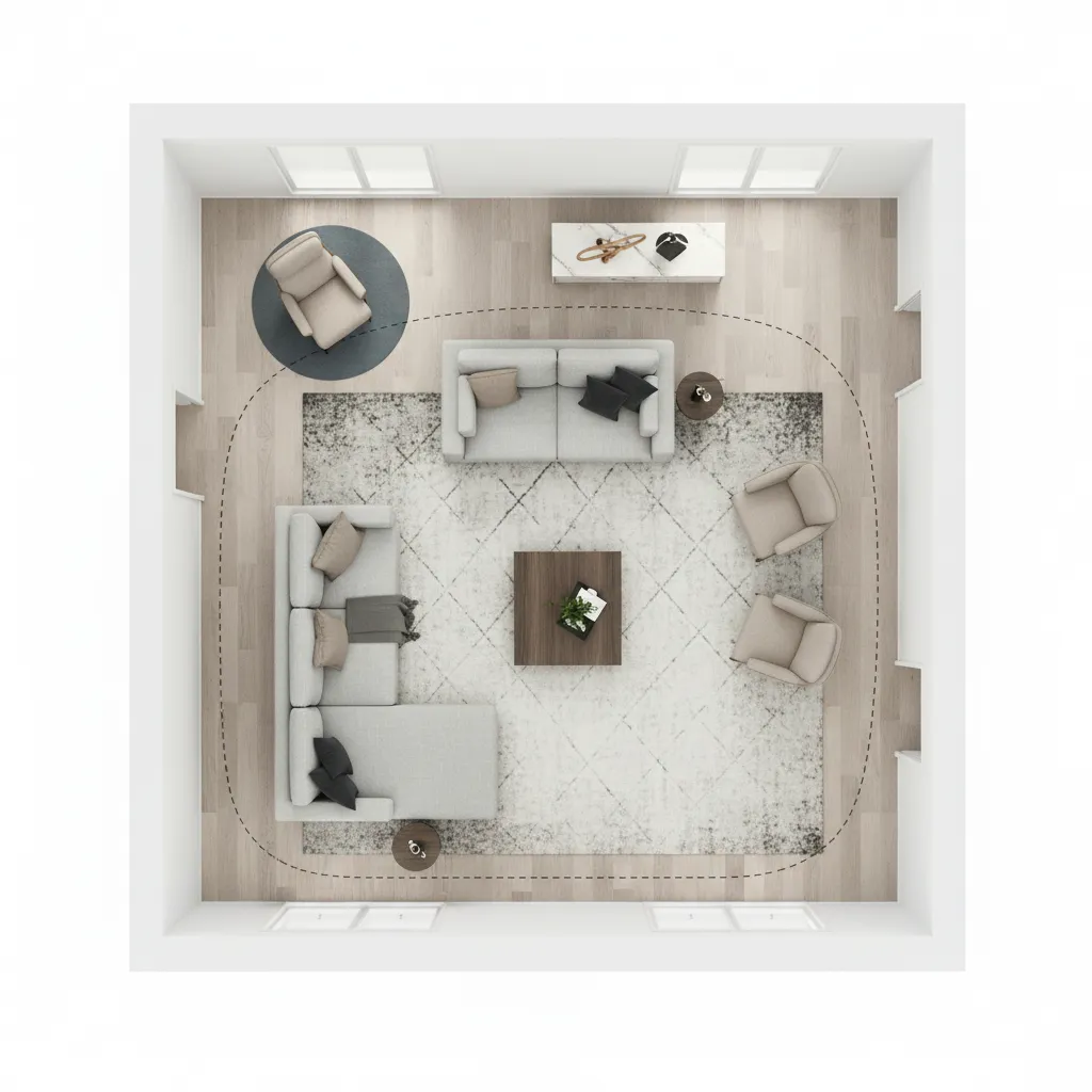 top view layout diagram showing furniture zones in a 700 sq ft living room