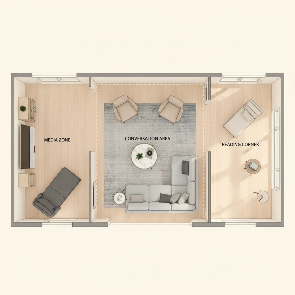 Example zoning layout for a 700 sq ft living room with labeled areas