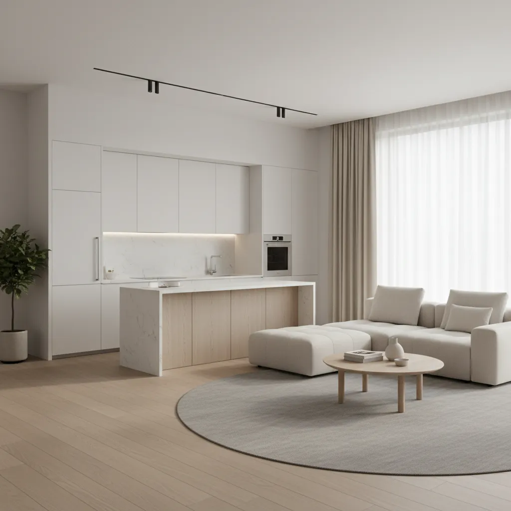 Open layout living room and kitchen in a 700 sq ft house