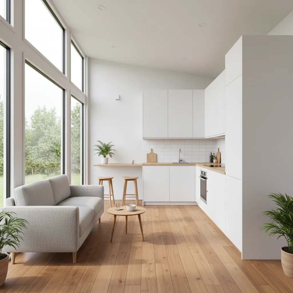 Interior living area of a 700 sq ft tiny house with sofa kitchen and natural light