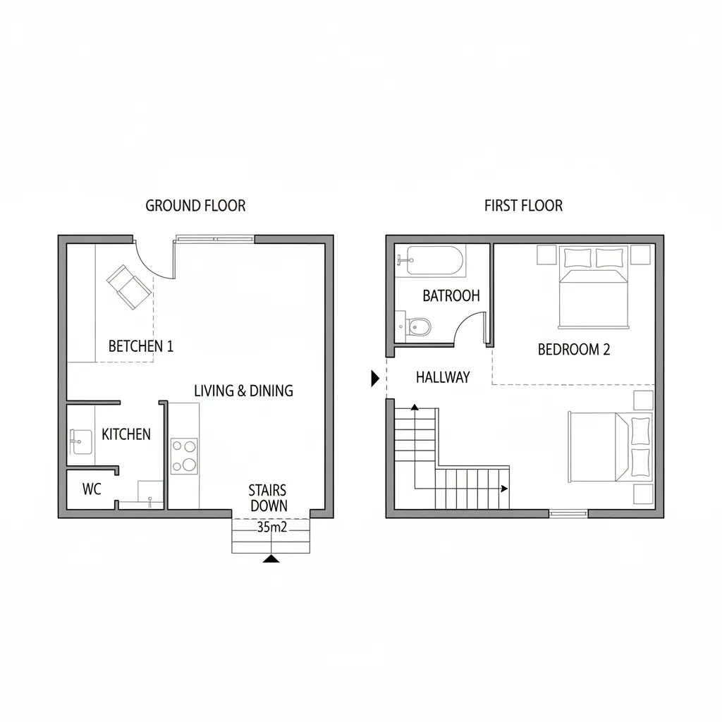 Simple floor plan layout showing ground floor and first floor rooms for a small house