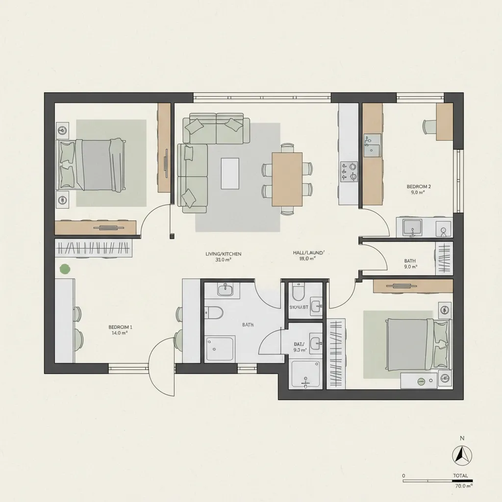 Sơ đồ bố trí mặt bằng nhà 70m2 với không gian mở