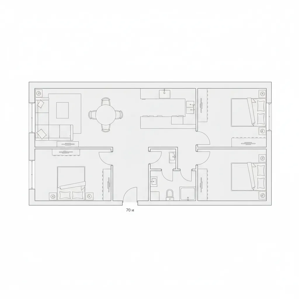 Plano moderno optimizado para una casa de 70 metros cuadrados