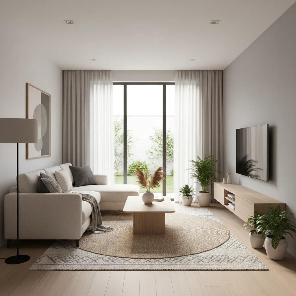 Modern living room with cream sofa wooden coffee table round rug TV and natural light