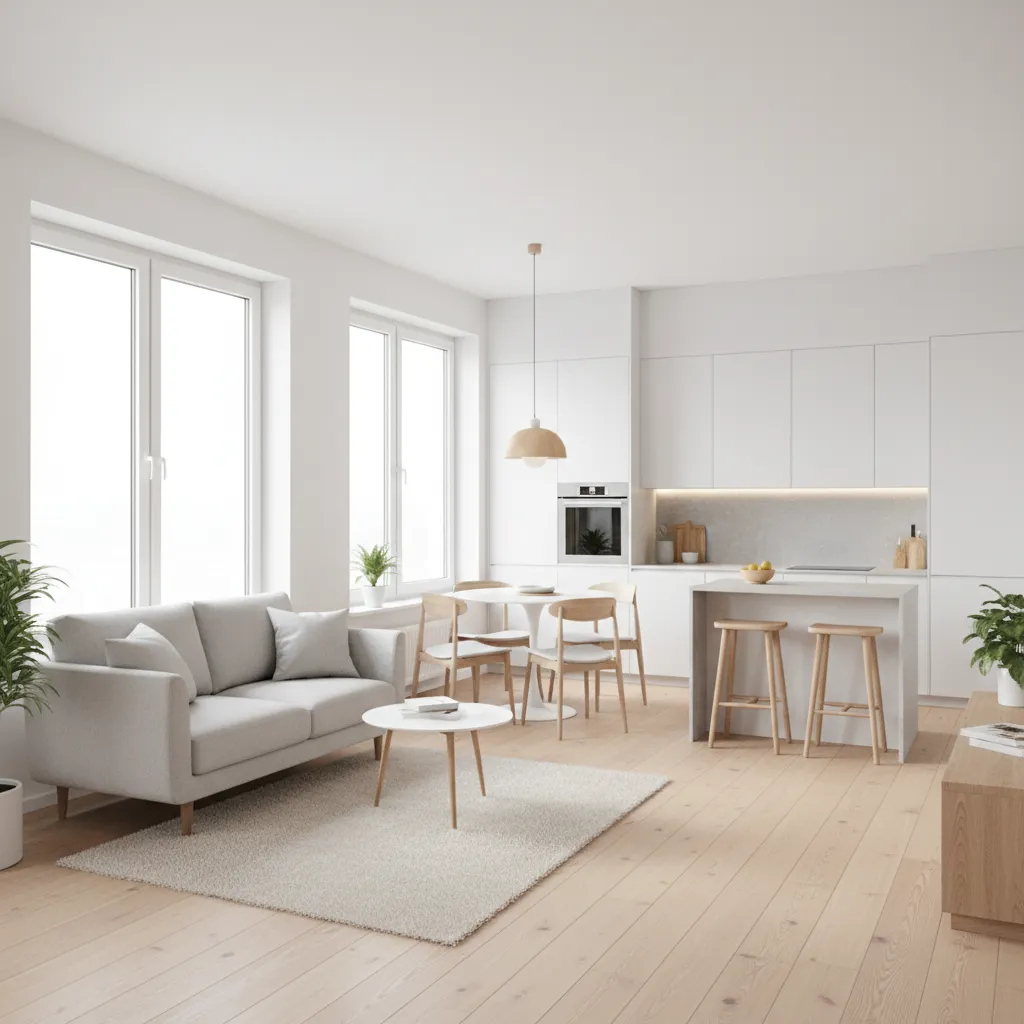 Distribución abierta en una casa pequeña con salón y cocina integrados