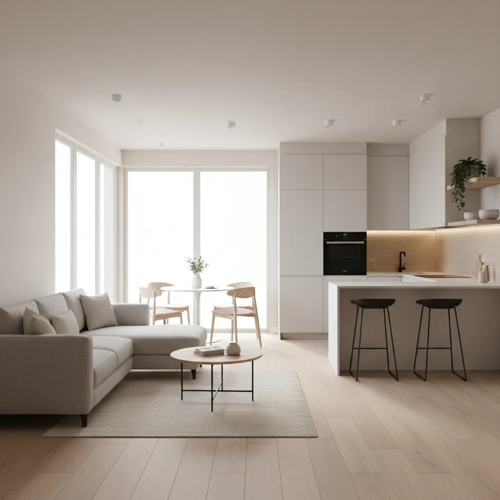 Open concept interior layout of a 710 sq ft small house with living and kitchen combined