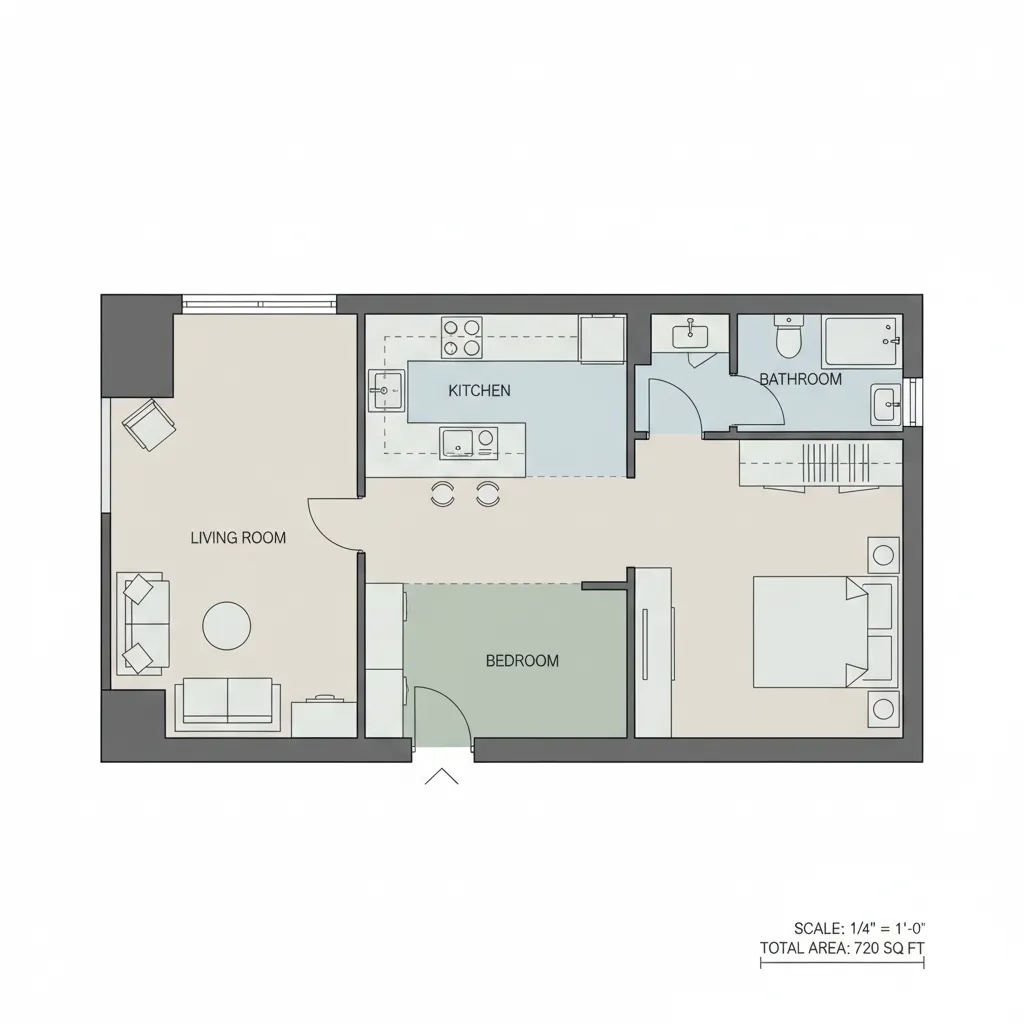 Simple architectural floor plan diagram of a 720 sq ft tiny home layout