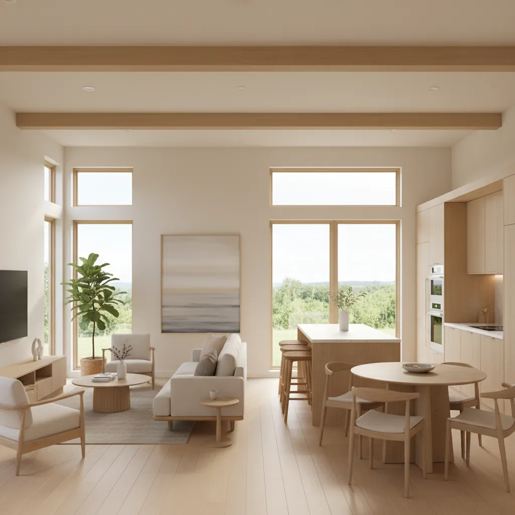 Open concept living kitchen area in a 720 sq ft tiny home