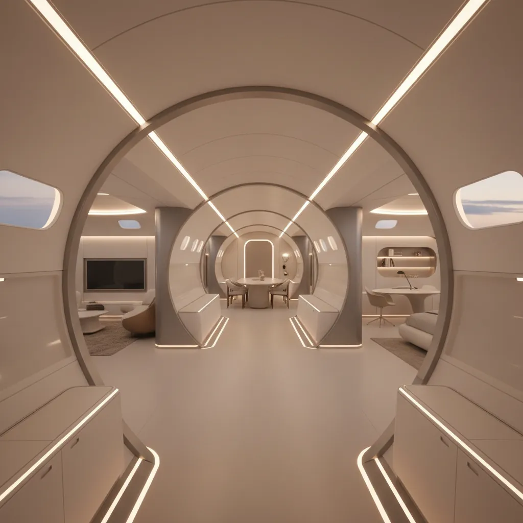 Modern airplane cabin interior design featuring futuristic round white ceiling light and sleek dining furniture