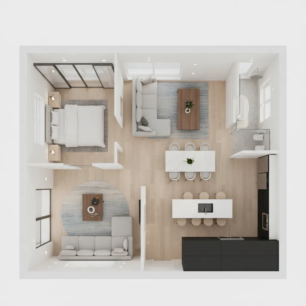 Top view interior design drawing of modern apartment including bedroom, living area, and open kitchen
