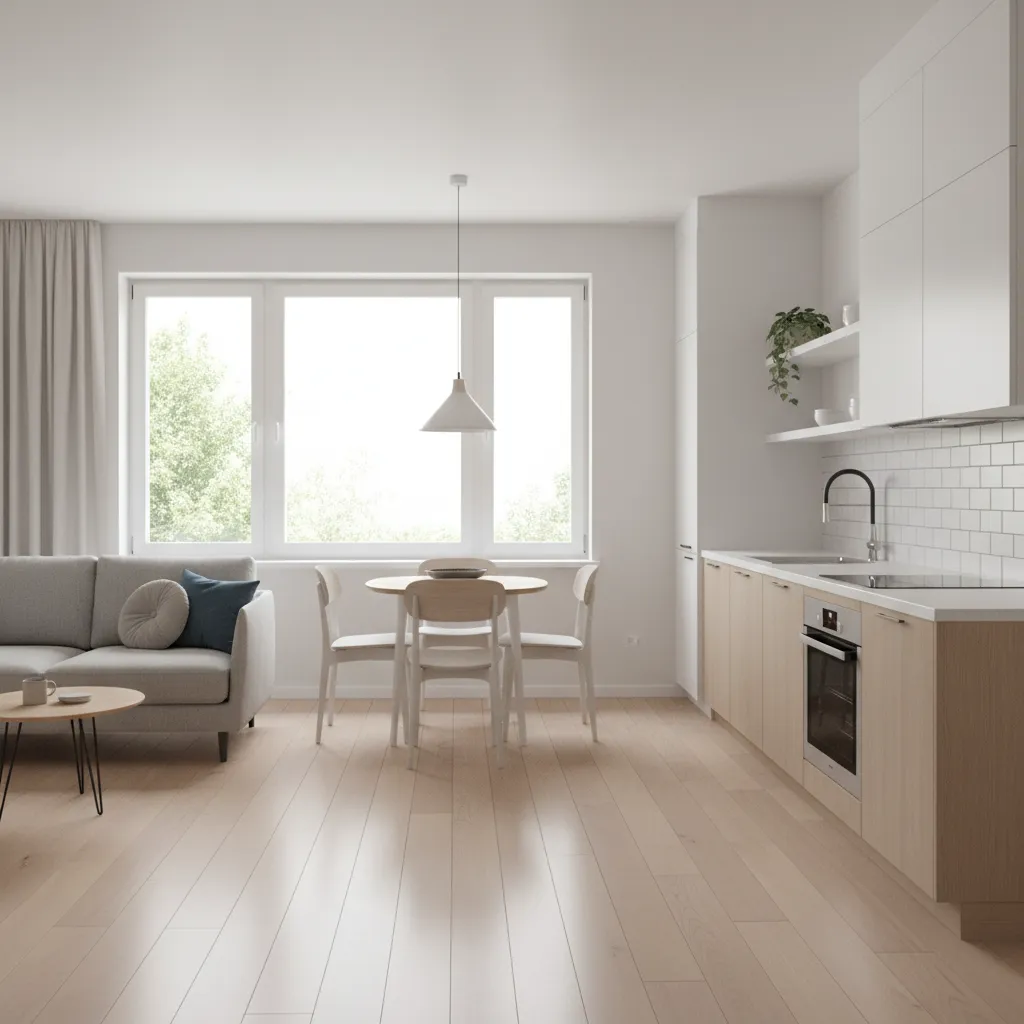 Open concept living kitchen layout in a 750 sq ft house