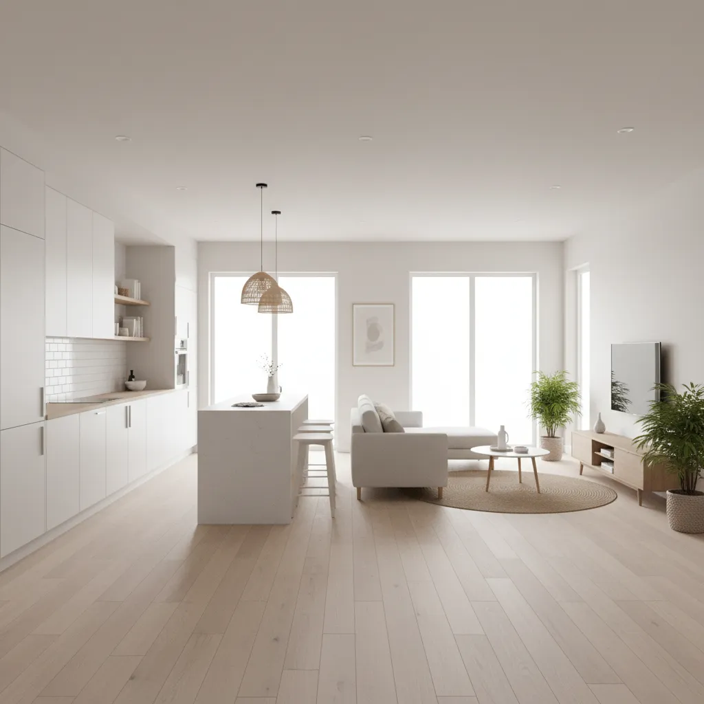 Minimalist open plan living room and white kitchen with wood floors large windows and plants