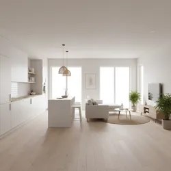Minimalist open plan living room and white kitchen with wood floors large windows and plants