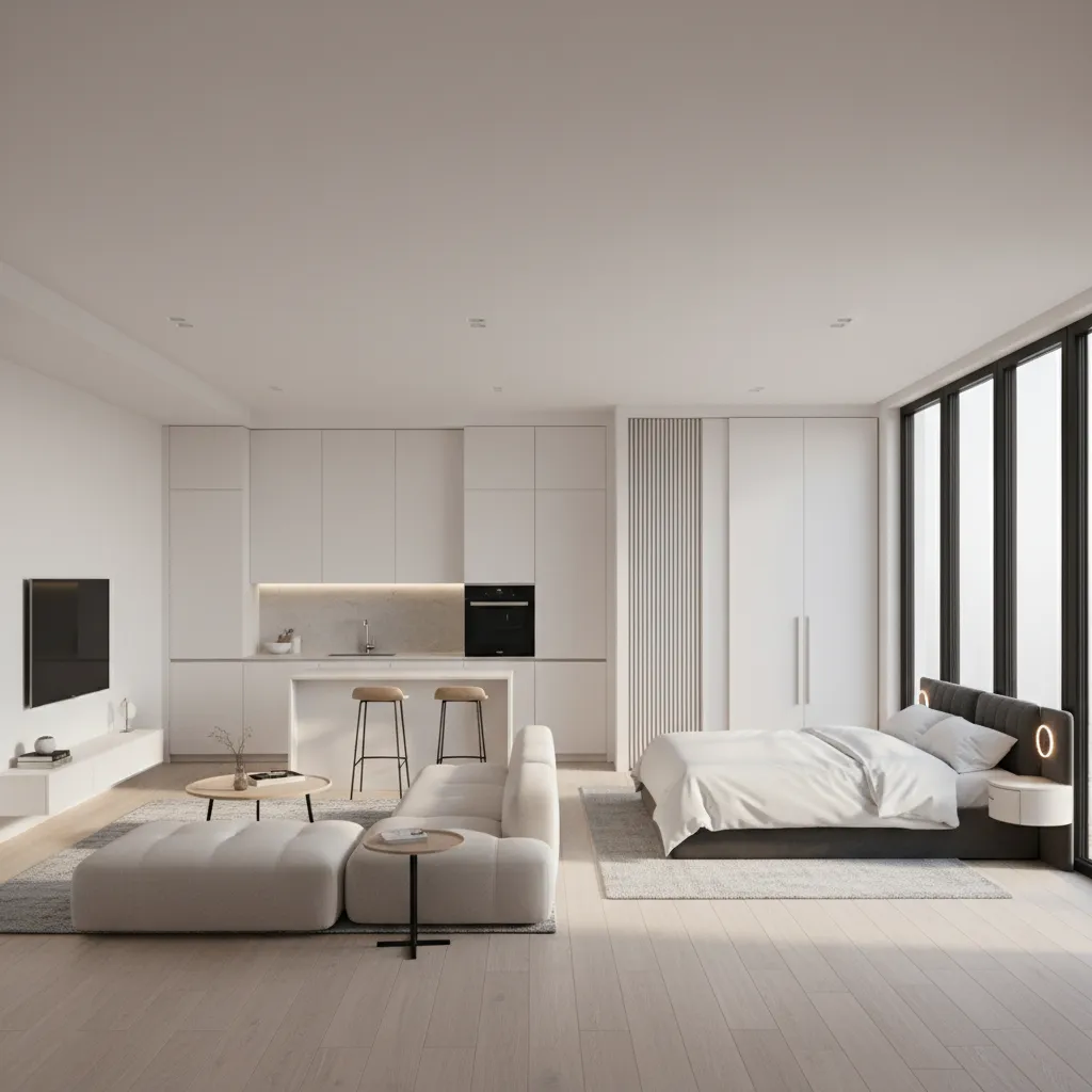 3D visualization of compact 750 sq ft house interior layout