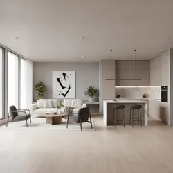 Minimalist living room and kitchen featuring white sofa grey chairs wooden floor and kitchen island