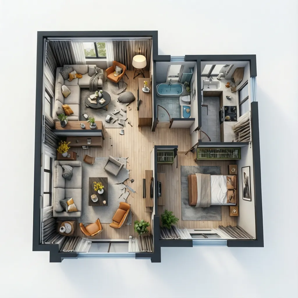 3D floor plan visualization of a 750 square foot apartment renovation layout
