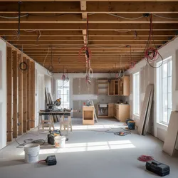 House interior under renovation showing exposed ceiling beams red electrical wires and unfinished kitchen cabinets