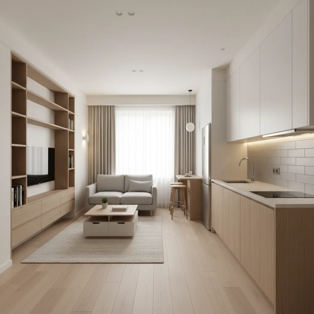 Bright modern living room with grey sofa wooden floor white kitchen cabinets and a bookshelf