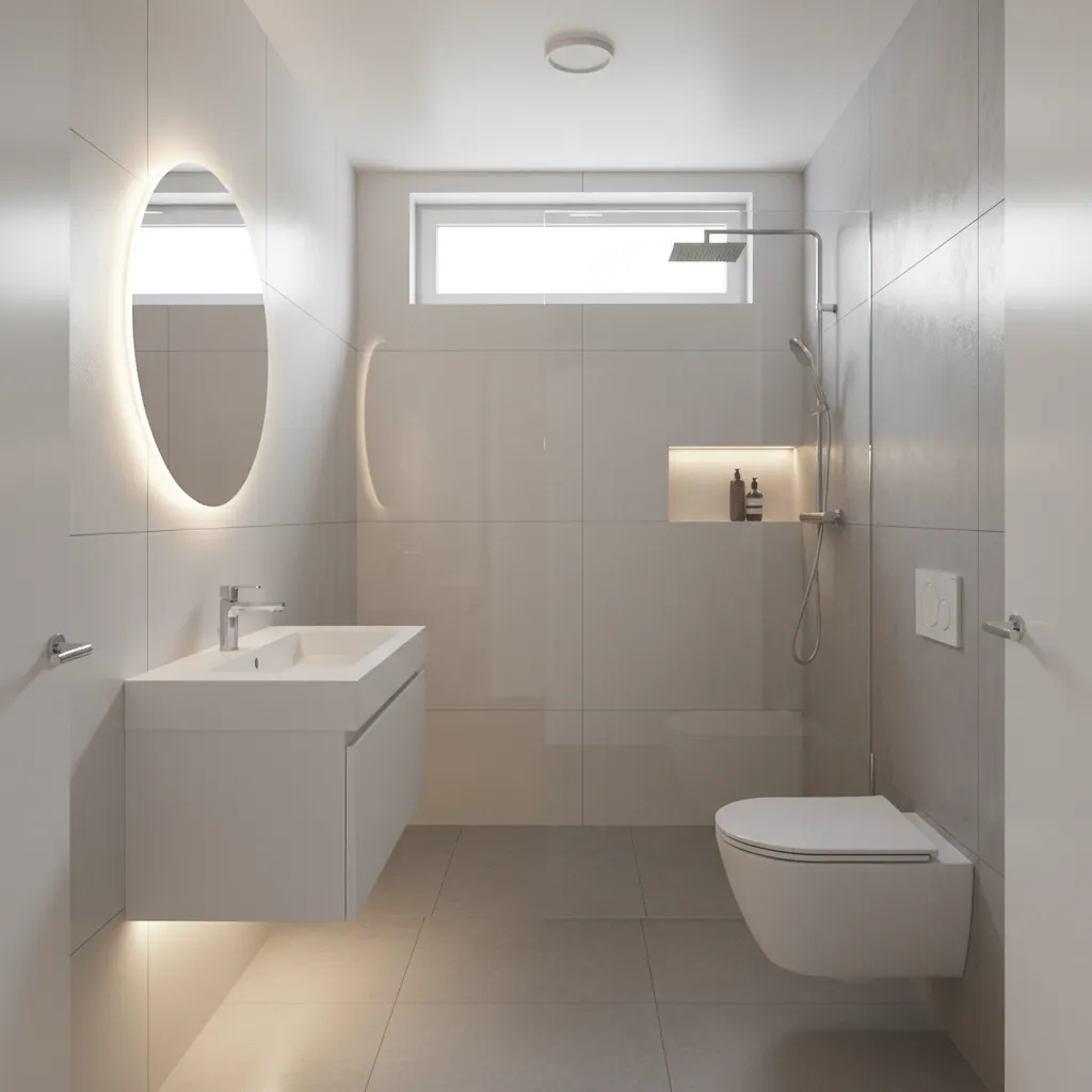 Modern bathroom with floating sink, round mirror, wall toilet, glass shower, grey tiles, and window.