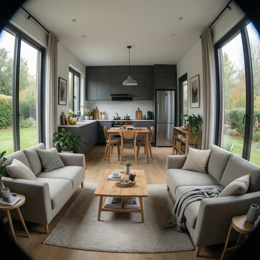 Open plan living room with grey sofas, wooden table, dark kitchen cabinets, and garden views